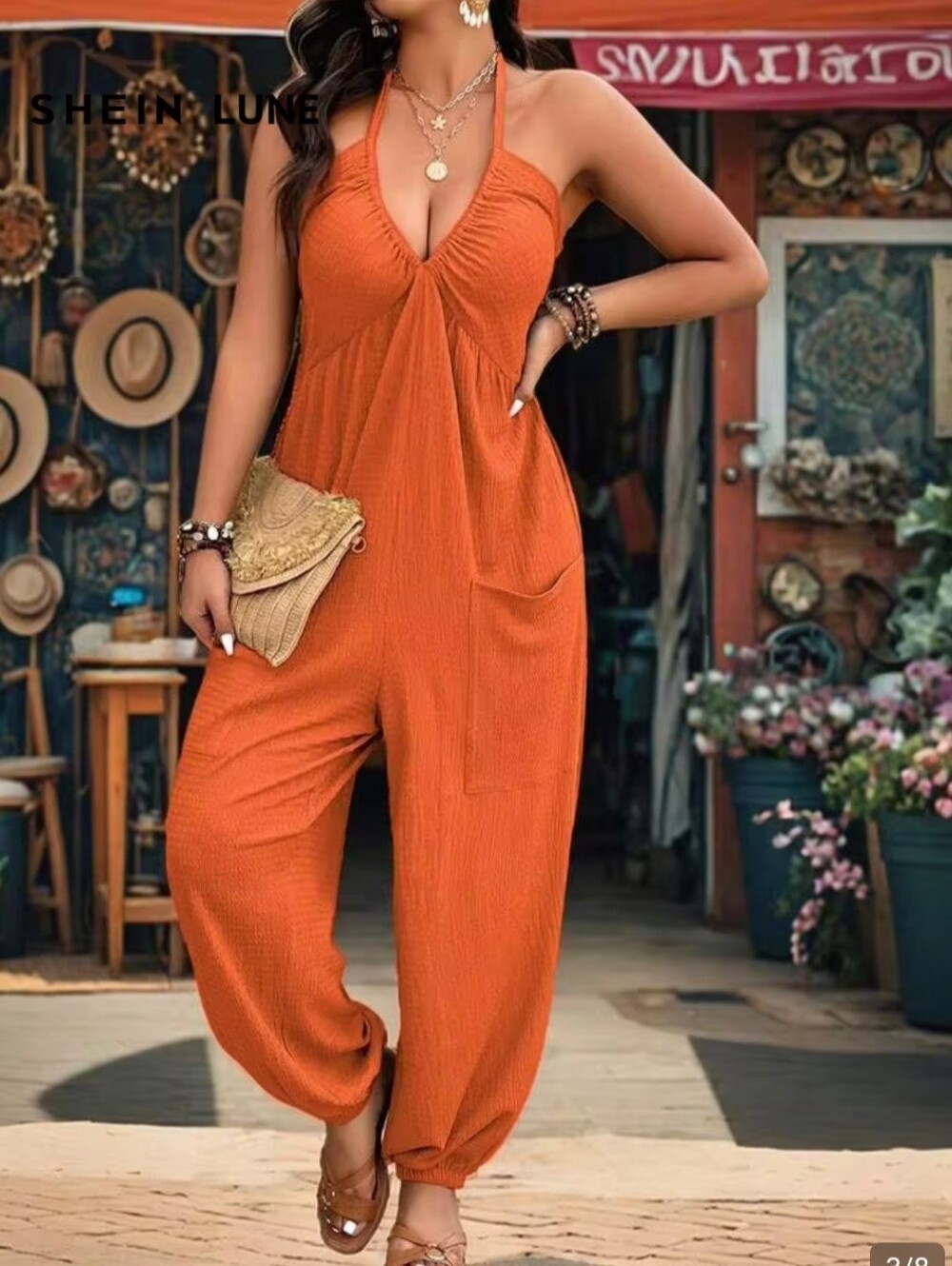 Sleeveless Rust Halter Jumpsuit with Front Pockets Textured LNC Size 3Xl